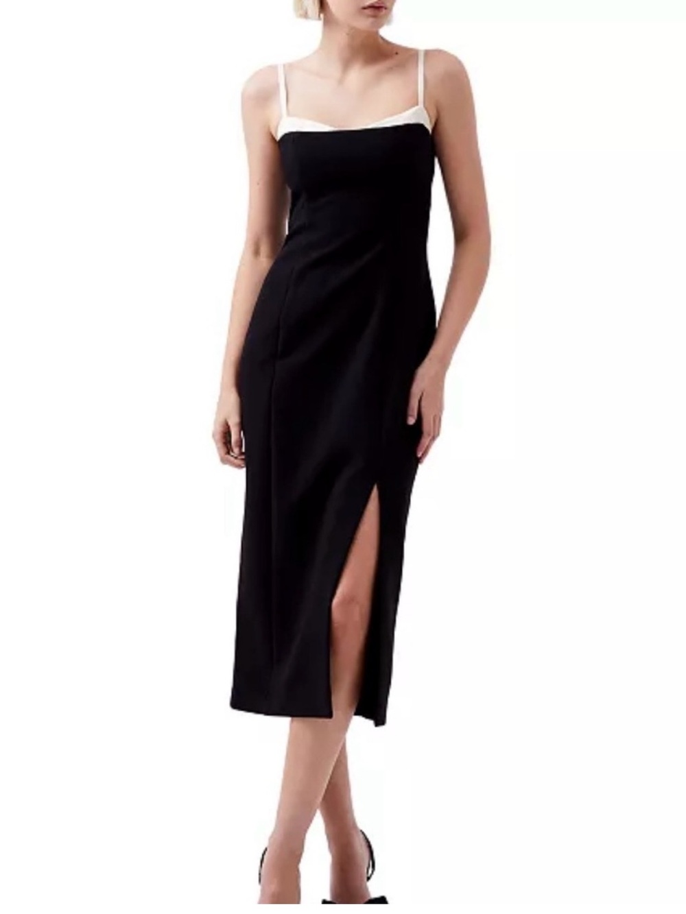 French Connection Black Midi Slip Dress with White Trim